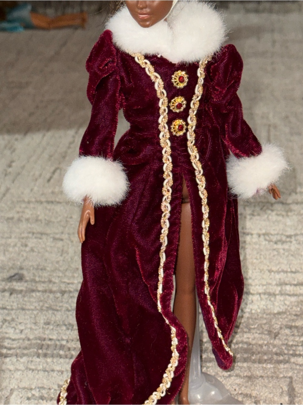 Barbie Mattel Burgundy Velvet Doll Dress White Faux Fur Trim Gold holiday dress